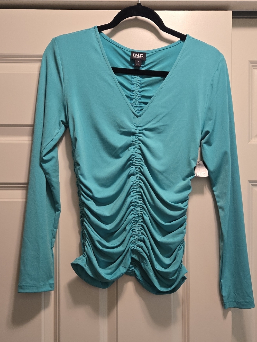 INC International Concepts Aqua Ruched V-Neck Long Sleeve Top